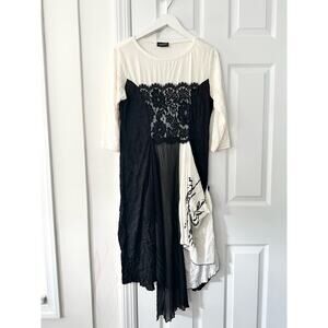 Lee Andersen Art Clothing Black White Lace Painted Floral Lagenlook Dress M USA